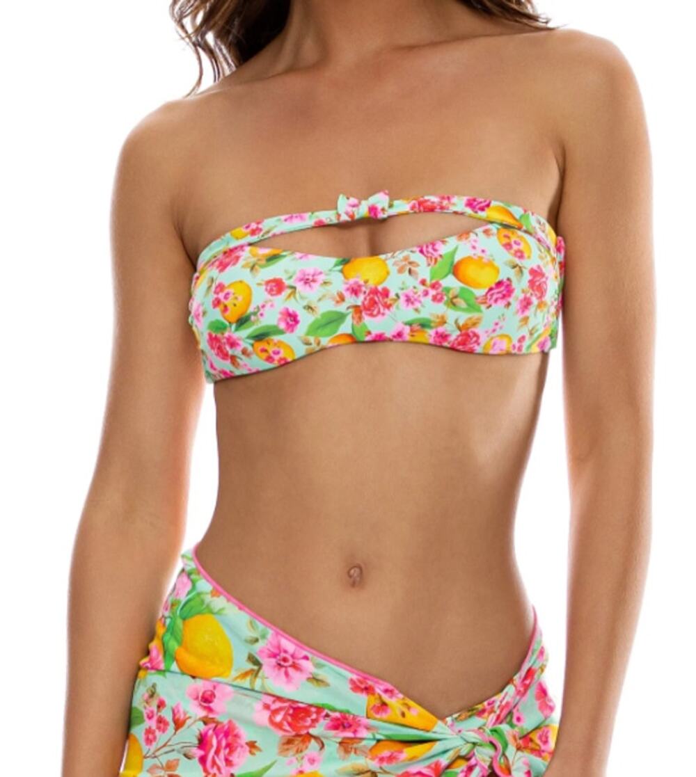 LULI FAMA Bow Bandeau Peek Bikini Top Large Blue Floral Reversible NWT